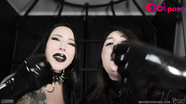 Mistresses in latex tease with their hot lips and make you jerk off - Mistress Youko